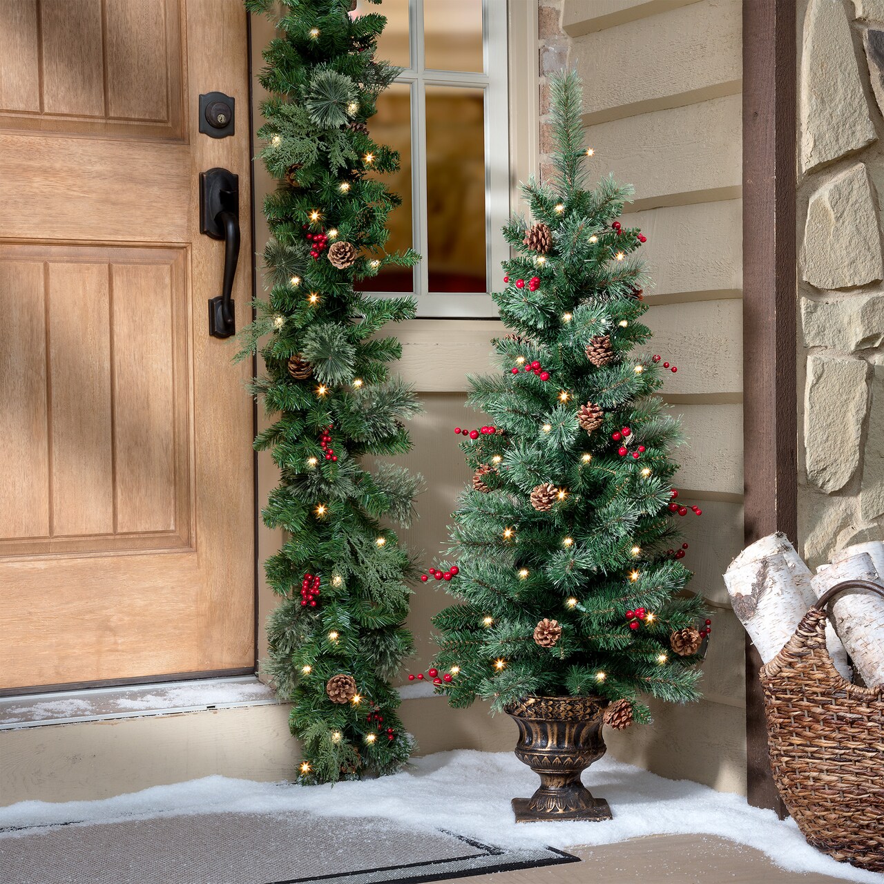 Haute Decor 4 Foot Tall Pre-lit Carolina Artificial Christmas Tree for Front Porch with 80 Soft White LED Lights on Auto Timer, Berries, Real Pinecones and Sturdy Planter for Indoor/Outdoor Use